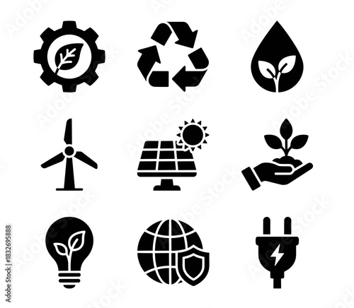 This comprehensive set of nine black glyph icons illustrates concepts like gear with leaf, recycle symbol, water drop with sprout, wind turbine, solar panel, hand holding plant, light bulb with leaf,