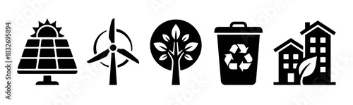 A collection of five black silhouette icons illustrating key concepts in environmental sustainability, including solar power, wind energy, tree, recycling, and eco-friendly housing.