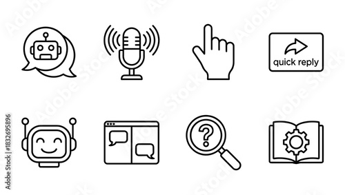 A collection of eight black outline icons representing artificial intelligence, voice command, user interaction, search function, quick response, and technical manual documentation.