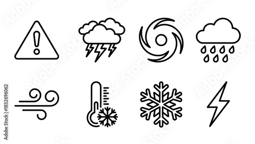 This image displays eight distinct weather-related icons in a clean black outline style, including warning, thunderstorm, hurricane, rain, wind, cold temperature, snowflake, and lightning bolt symbols