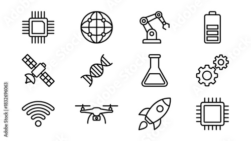 A collection of twelve black and white line art icons representing modern technology, science, and engineering concepts like computing, global communication, robotics, and biotech.
