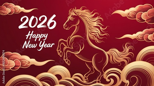 Golden horse symbolizing 2026 chinese new year celebration with clouds