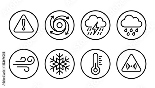 A collection of eight circular, black and white line art icons depicting various severe weather phenomena and general alerts, including wind, rain, snow, and temperature extremes for forecasting.