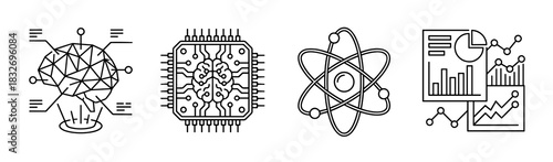 A set of four black and white line art icons representing key concepts: neural network brain, microchip with brain, atomic structure, and data visualization charts.