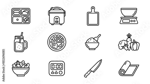 A collection of twelve minimalist line art icons representing kitchen tools, food items, and meal preparation elements, perfect for culinary design projects.