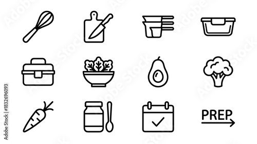 A set of twelve minimalist black line icons illustrating various cooking utensil, food item, container, and planning symbols suitable for a food preparation theme.