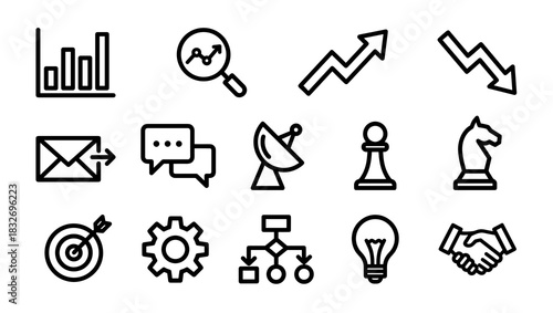 A collection of minimalist black line icons representing various business concepts like data analysis, communication, strategy, growth, and partnership for presentations or web design.