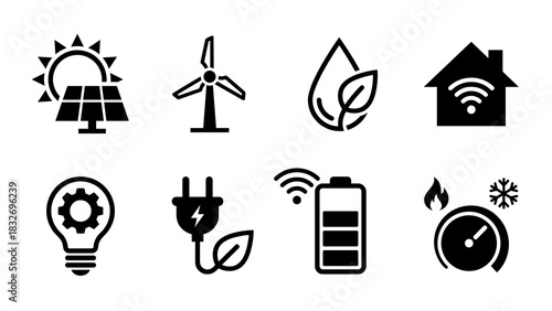 A collection of eight minimalist black icons illustrating concepts like solar power, wind energy, water conservation, smart home, energy efficiency, plug, battery, and thermostat control.