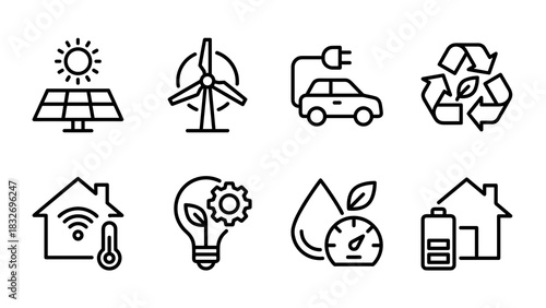 Collection of eight black line icons illustrating concepts like solar power, wind turbine, electric car, recycling, smart thermostat, energy efficiency, water meter, and home battery storage.