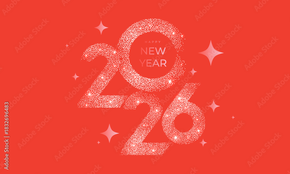 Obraz premium Happy New Year 2026 beautiful sparkling design of numbers and stars on bright red background. Modern winter holiday greeting banner, poster or greeting card template.