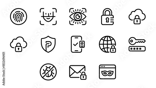 A collection of minimalist black outline icons illustrating various security themes like fingerprint scan, face recognition, eye scan, lock, cloud security, shield, mobile verification, global protect