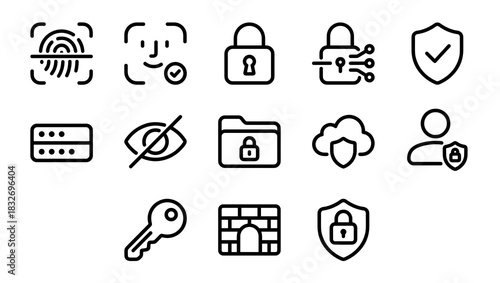 A set of black and white line icons representing various cybersecurity concepts such as biometric authentication, password protection, data encryption, cloud security, and firewall defense mechanisms.
