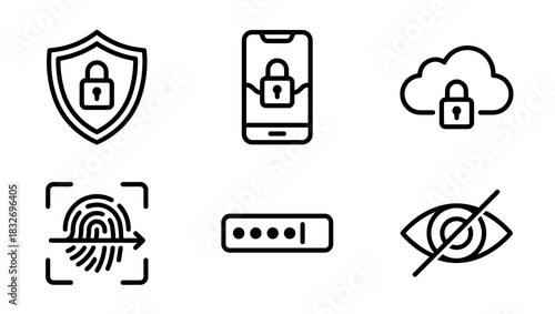 A collection of six minimalist black line icons representing digital security concepts like protection, mobile access, cloud storage safety, biometric scan, password entry, and privacy toggle.