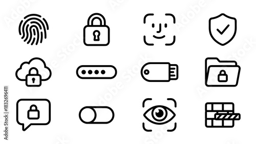 A collection of twelve minimalist black line icons illustrating various concepts related to digital security, including fingerprint recognition, padlock, facial scan, shield, cloud security, password