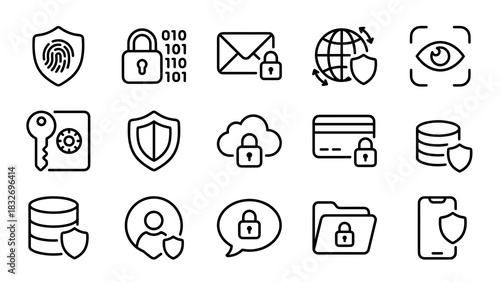 A collection of black outline icons depicting various cybersecurity concepts like fingerprint, lock, email security, network shield, eye scan, key, cloud lock, credit card security, database shield, u