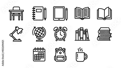 A comprehensive set of monochrome line art icons representing various educational and office supplies, perfect for digital learning materials, website design, or presentation graphics.