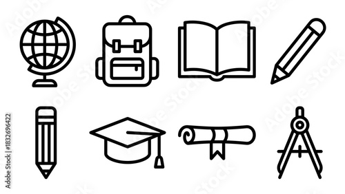 A collection of eight simple black line art icons representing various school supplies and academic symbols like a globe, backpack, book, pencil, graduation cap, diploma, and compass.
