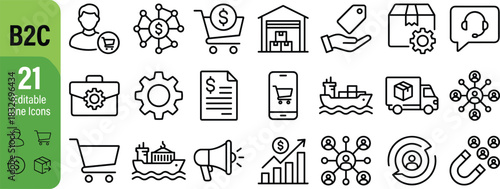 B2C business line icon set featuring shopping, logistics, delivery, marketing, customer service, and ecommerce elements for modern commercial design