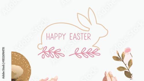 A charming and delicate happy easter greeting featuring a stylized bunny outline filled with the text surrounded by floral accents and a hint of a fluffy tail