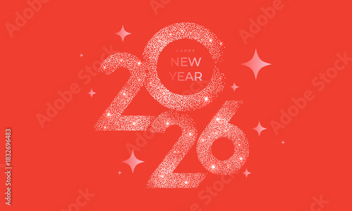 Happy New Year 2026 beautiful sparkling design of numbers and stars on bright red background. Modern winter holiday greeting banner, poster or greeting card template.