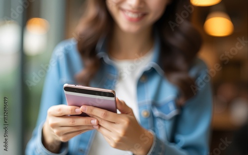 A credit card and smartphone in female hands.Asian young woman in defocus looks at the phone screen,payment shopping online.Credit card and phone in the focus. High quality