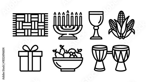 A collection of black outline vector icons representing various cultural and holiday themes such as a woven mat, a seven-branched candelabrum, a wine glass, corn cobs, a wrapped gift box, a fruit bowl