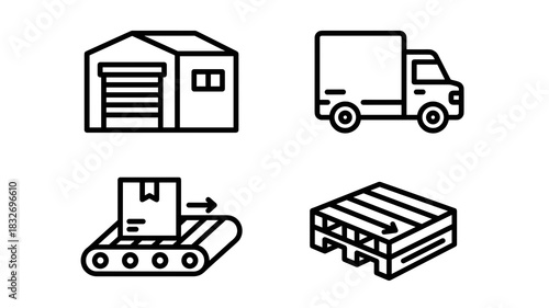 A collection of four simple black line art icons illustrating key aspects of logistics: a storage building, a delivery truck, a package on a conveyor belt, and a wooden pallet for stacking goods.