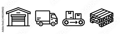 A set of four black and white line icons representing key elements of logistics: a warehouse, a delivery truck, a conveyor belt with boxes, and stacked wooden pallets.
