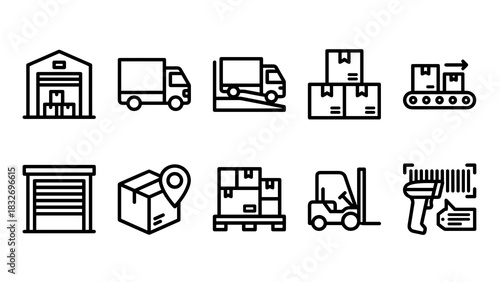 A collection of black outline icons illustrating various aspects of supply chain management, including a warehouse, truck, conveyor belt, package, and barcode scanner for inventory control.