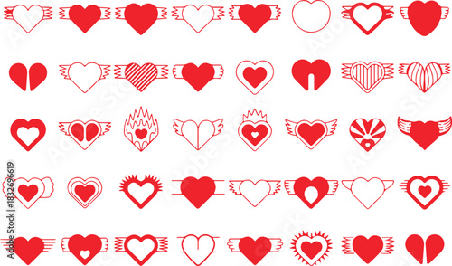 Collection of red heart icons with wings and decorative elements