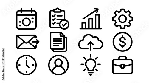 A collection of twelve minimalist black line icons depicting various business, finance, time management, communication, and idea generation concepts for digital use.
