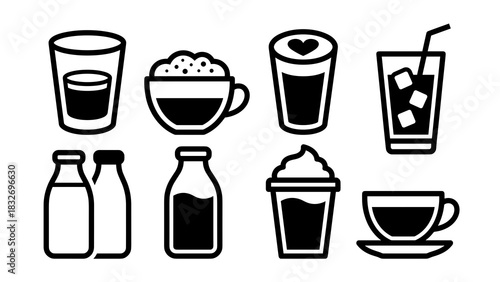 A set of eight black and white line art icons representing different drink types such as hot coffee, iced beverage, milk bottle, and layered drink for menu design.