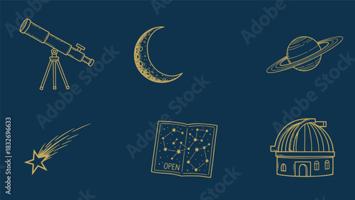 Collection of hand drawn astronomy and space icons including telescope, crescent moon, planet, shooting star, star map, and observatory on dark blue background