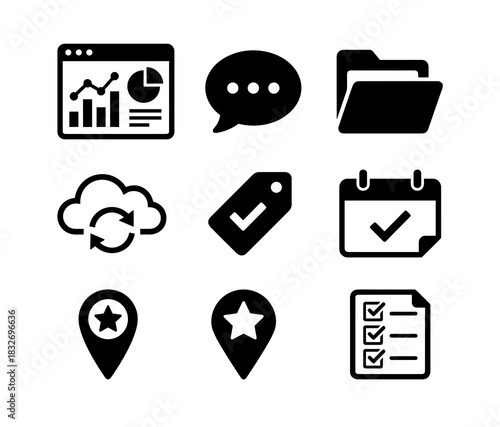 A collection of nine distinct, solid black vector icons representing various digital concepts like analytics, communication, cloud storage, tagging, scheduling, location pinning, and task management,