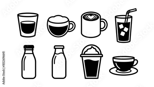A set of eight minimalist line art icons depicting different drink containers and preparations, including coffee, milk, and iced beverages, perfect for menu design.