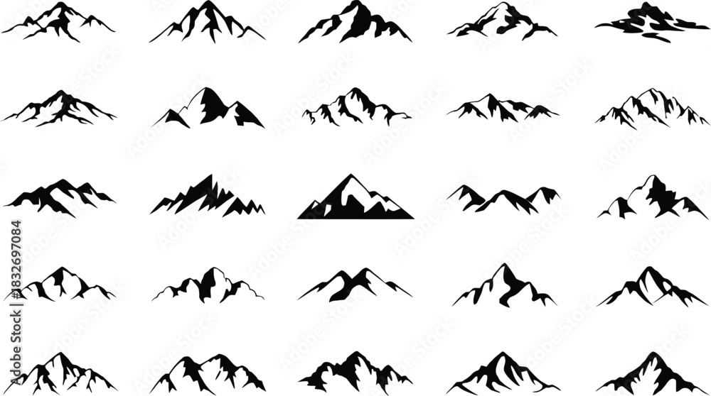 Fototapeta premium Collection of black mountain silhouettes on white background
