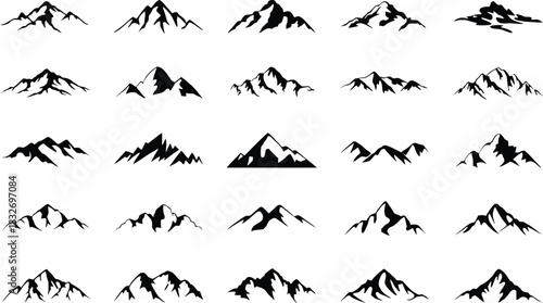Collection of black mountain silhouettes on white background