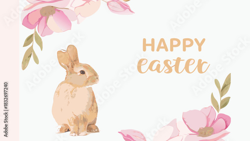 A charming watercolor illustration of a fluffy bunny sits among soft pink magnolia blossoms and green leaves wishing a happy easter with elegant calligraphy