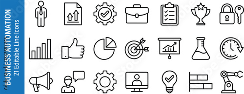 Business automation line icons set featuring productivity, analytics, workflow optimization, digital tools, security, communication, and performance symbols for modern workplaces
