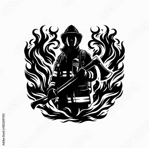 Firefighter Silhouette with Axe Surrounded by Flames – Heroic Vector Art