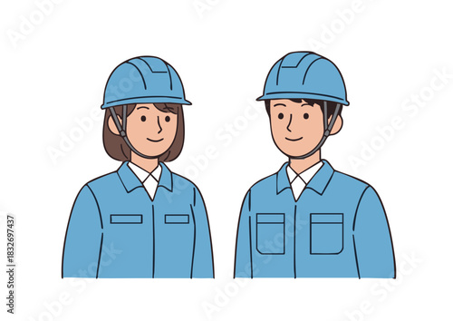 ヘルメットと作業着を着用した現場作業員のイラスト、現場監督、指導員、施工管理技士