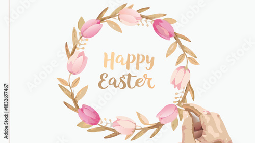 A delicate watercolor wreath of pink tulips and golden leaves encircles the words happy easter in elegant gold lettering with a hand reaching in from the right