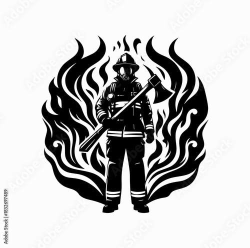 Firefighter Silhouette with Axe Surrounded by Flames – Heroic Vector Art