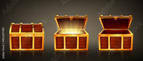 Wooden treasure chest with open and closed lid