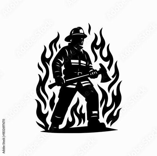 Firefighter Silhouette with Axe Surrounded by Flames – Heroic Vector Art