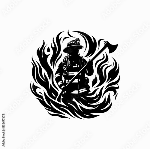 Firefighter Silhouette with Axe Surrounded by Flames – Heroic Vector Art