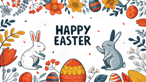Charming illustration of two cute bunnies surrounded by colorful easter eggs and floral elements with the text happy easter in the center perfect for spring celebrations