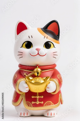Cute chibi lucky cat (Maneki Neko) in Chinese New Year costume, holding gold ingot, smiling expression, glossy toy figurine look, isolated on pure white background
