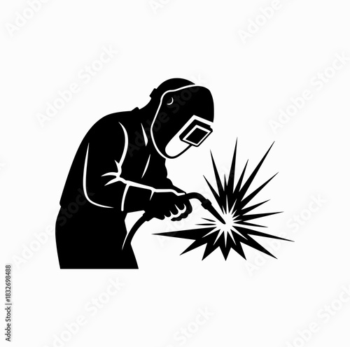 Minimal Welder Silhouette with Protective Helmet and Sparks – Industrial Vector Art