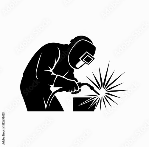 Minimal Welder Silhouette with Protective Helmet and Sparks – Industrial Vector Art